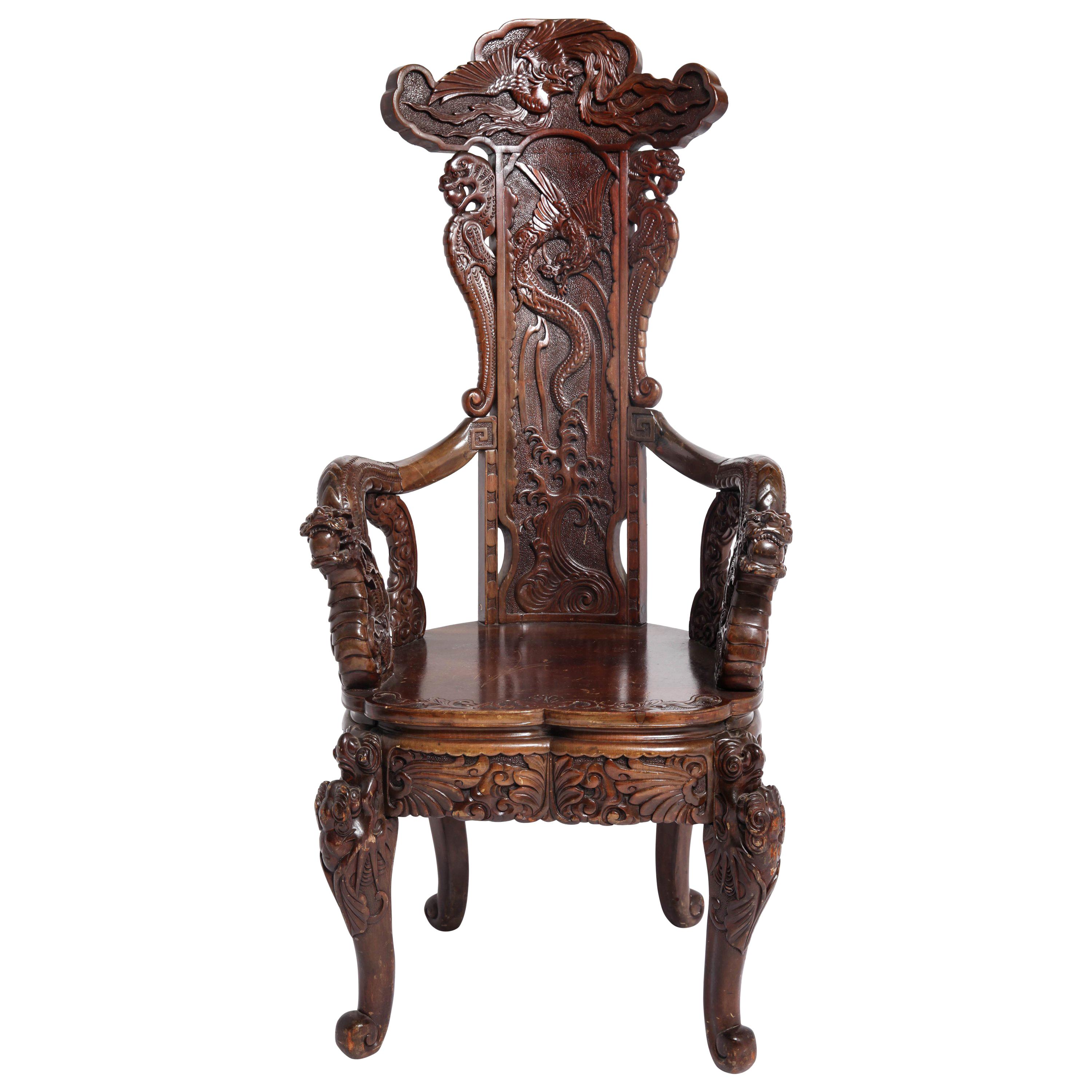 Art Nouveau Style Japanese High-Back Dragon and Phoenix Armchair in Carved Wood