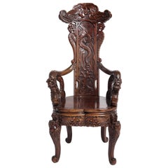 Antique Art Nouveau Style Japanese High-Back Dragon and Phoenix Armchair in Carved Wood