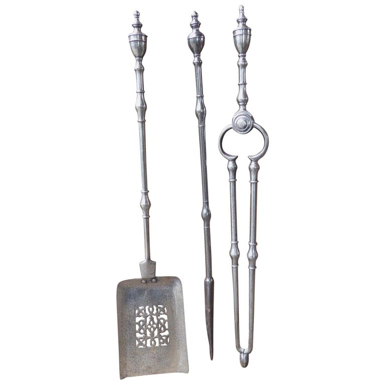 Antique English Fireplace Tools or Fire Irons, Polished Steel