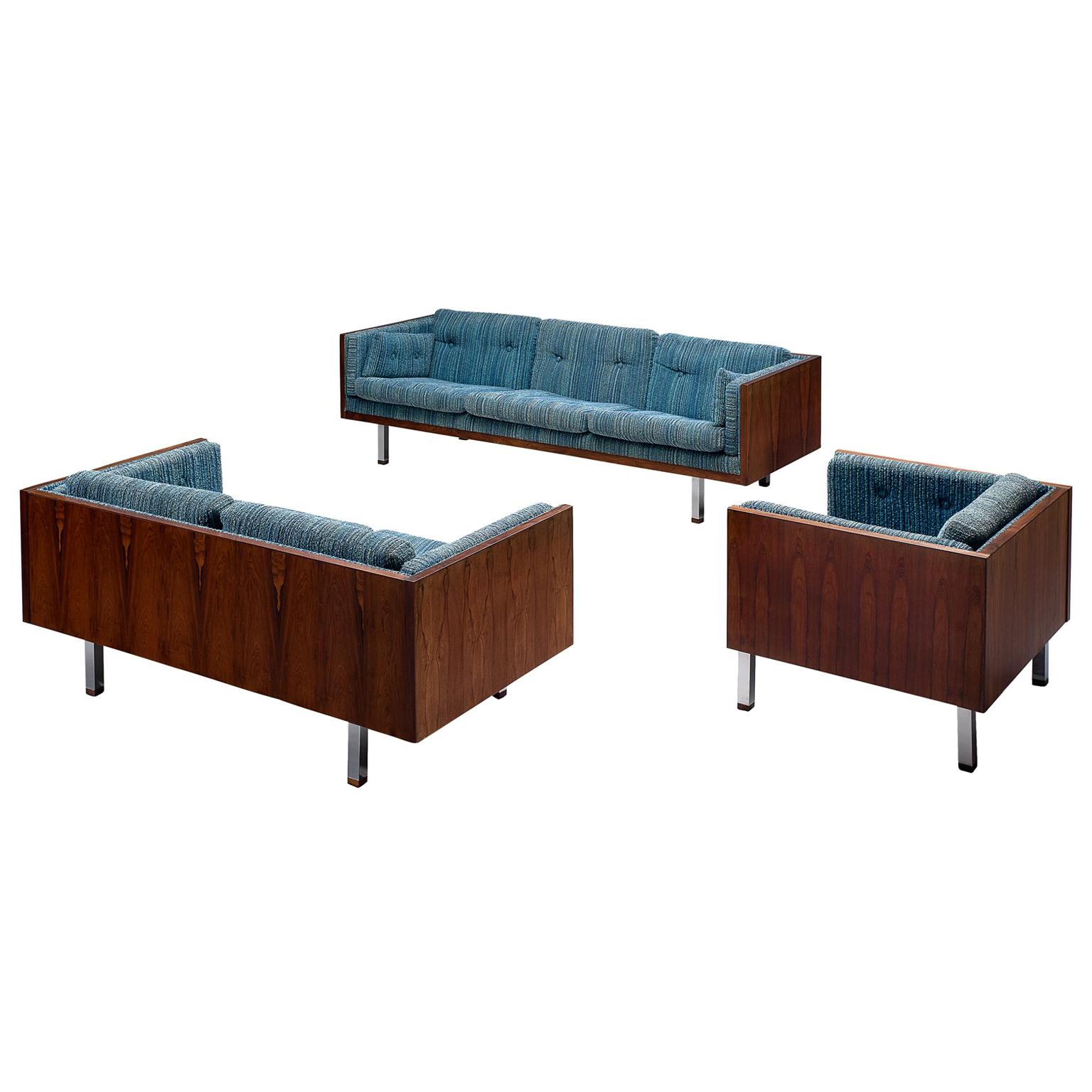 Danish Lounge Set with Rosewood and Blue Upholstery