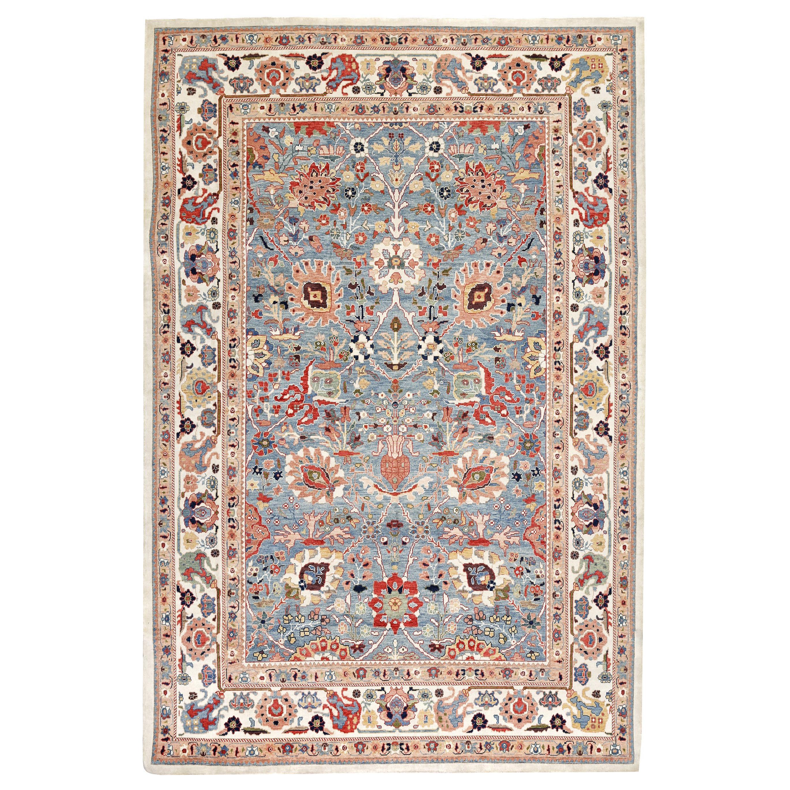 Red, Blue and Ivory Contemporary Handmade Wool Turkish Oushak Rug