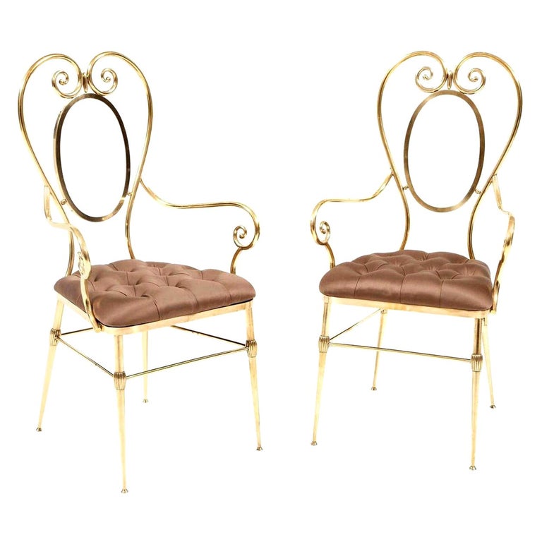 Chairs, Pair of Brass Chairs with Silk Upholstery, Brass Leg, Mid
