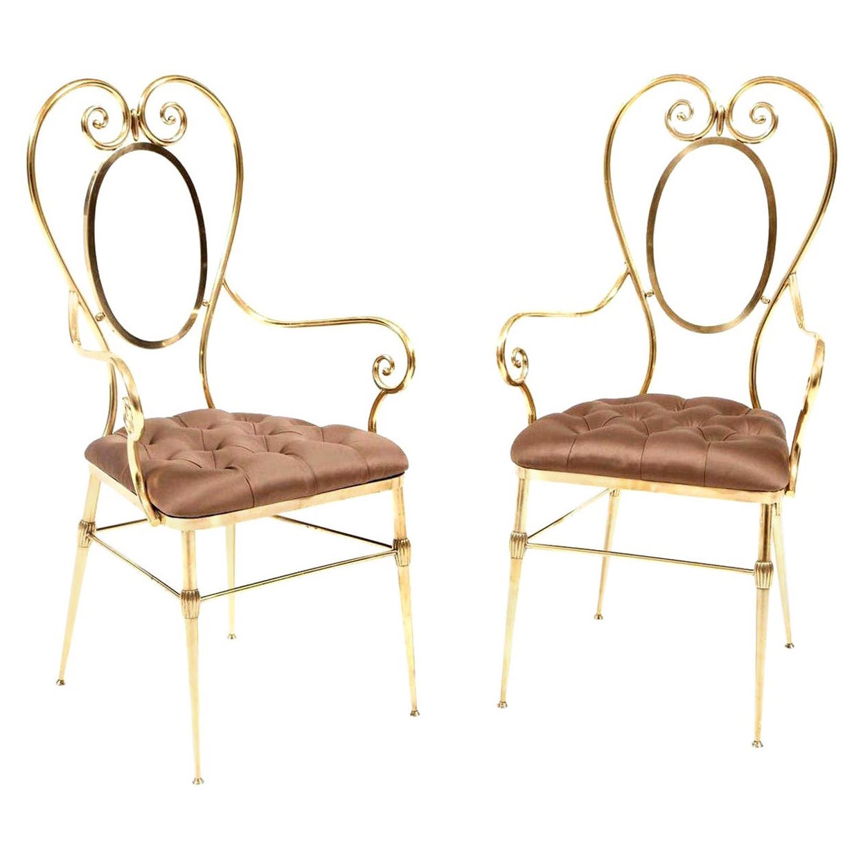 Chairs, Pair of Brass Chairs with Silk Upholstery, 1950's, Midcentury Design For Sale
