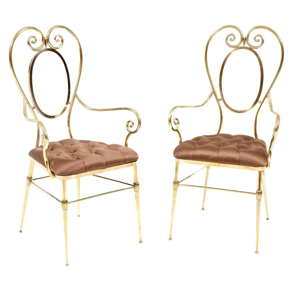 Chairs, Pair of Brass Chairs with Silk Upholstery, C 1950's, Midcentury Design