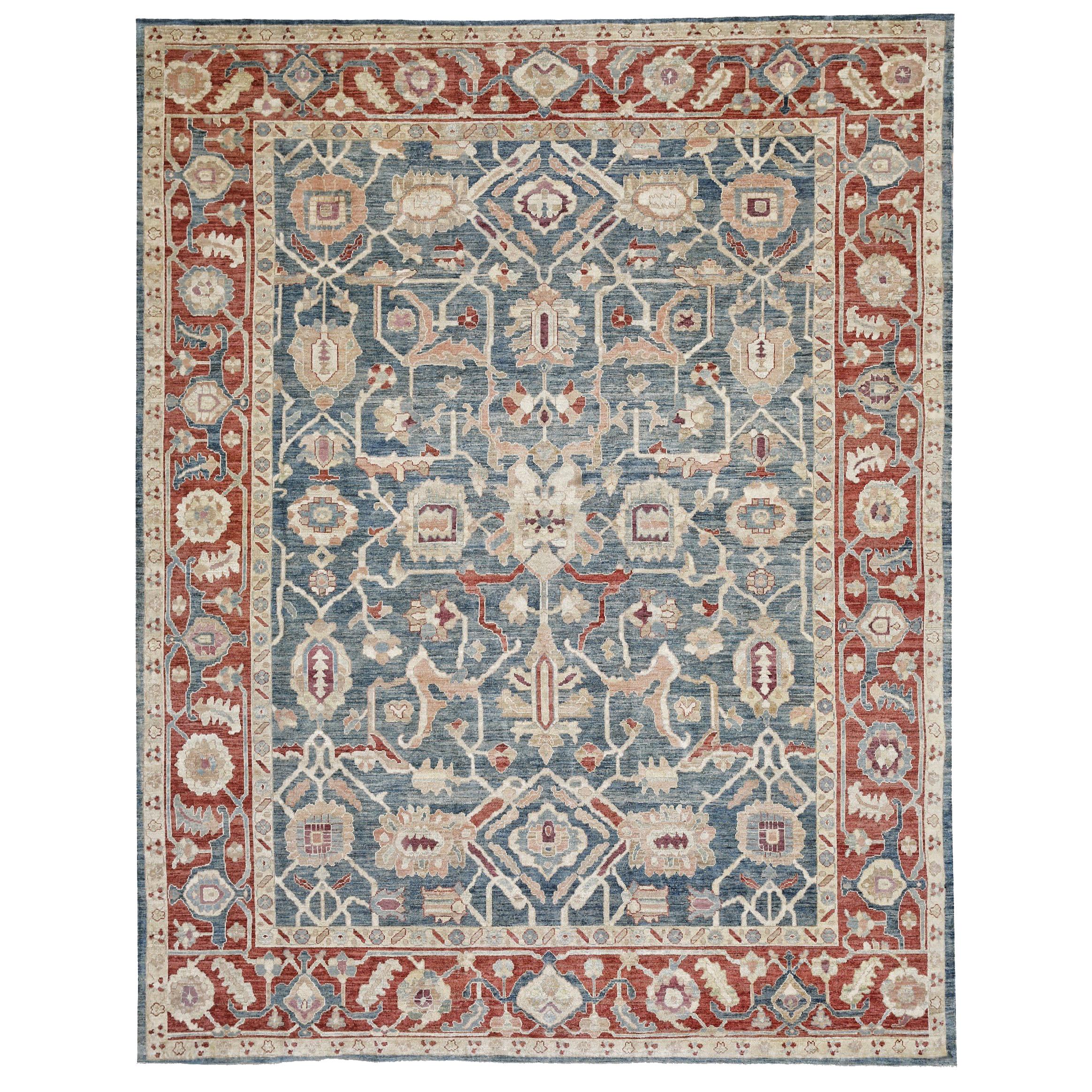 Red, Blue and Gold Contemporary Handmade Wool Turkish Oushak Rug For Sale