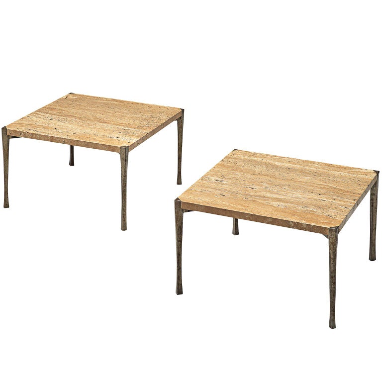 Pair of Sculptural Coffee Tables in Steel and Travertine For Sale at 1stDibs
