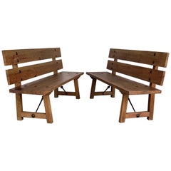 Vintage 20th Pair of Spanish Park or Garden Benches  with Wood Slabs & Iron Stretchers