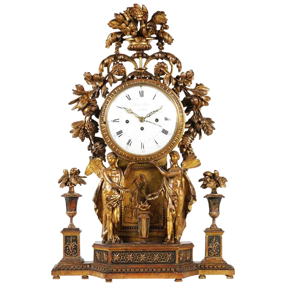 Period Neoclassical Early 19th Century Carved Giltwood Mantel Clock, Vienna For Sale