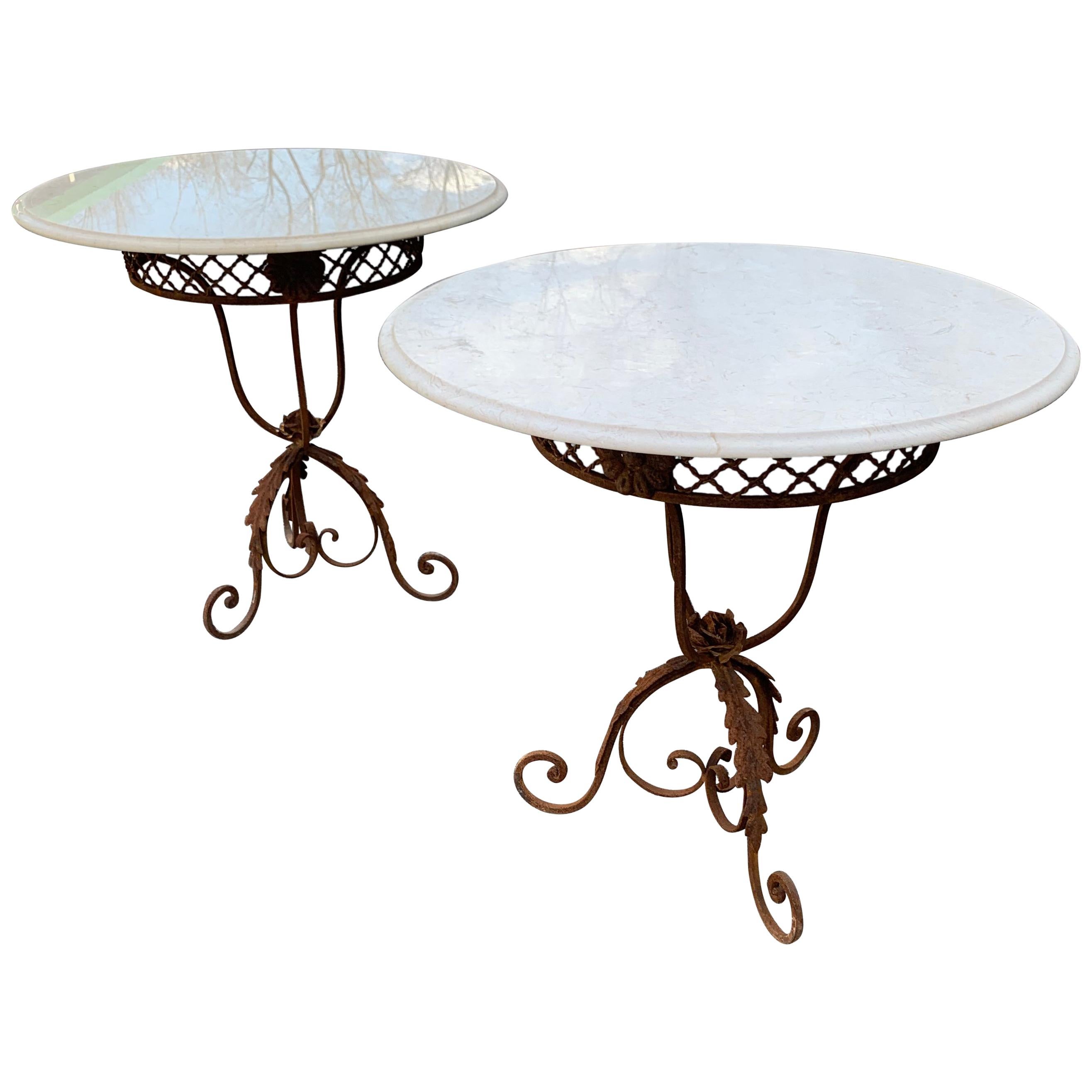 Pair of French Round Wrought Iron and Marble Garden Bistro Tables