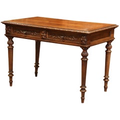 19th Century French Henri II Carved Walnut Table Writing Desk with Drawers
