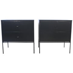 Midcentury Paul McCobb 2 Drawer #1503 Nightstands Black Lacquer T Pulls