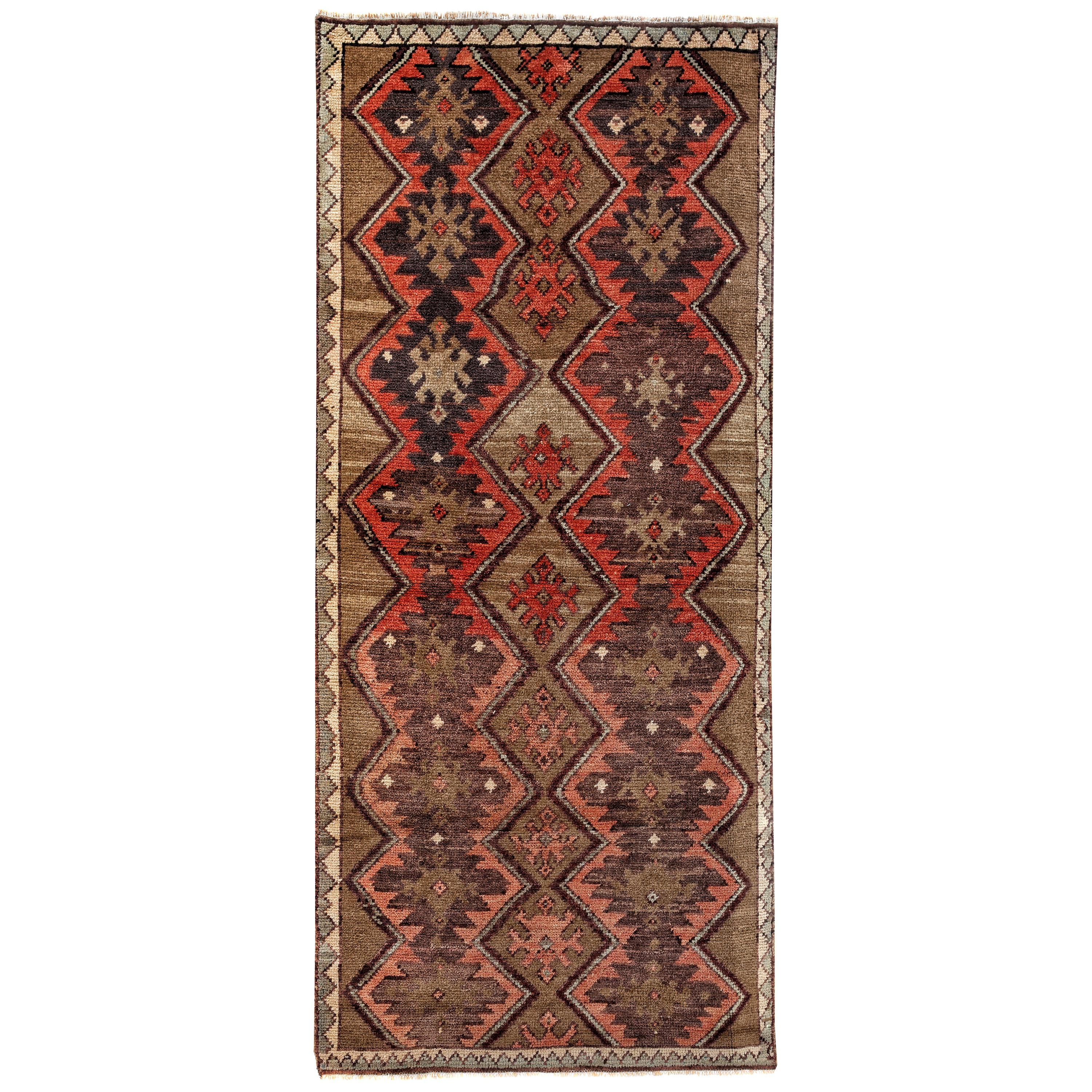 Red, Green and Brown Handmade Wool Turkish Old Anatolian Konya Rug For Sale