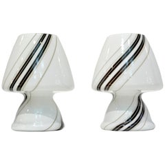 1970s Italian Pair of White Lamps with Black Gray Murrine Attributed to Vistosi