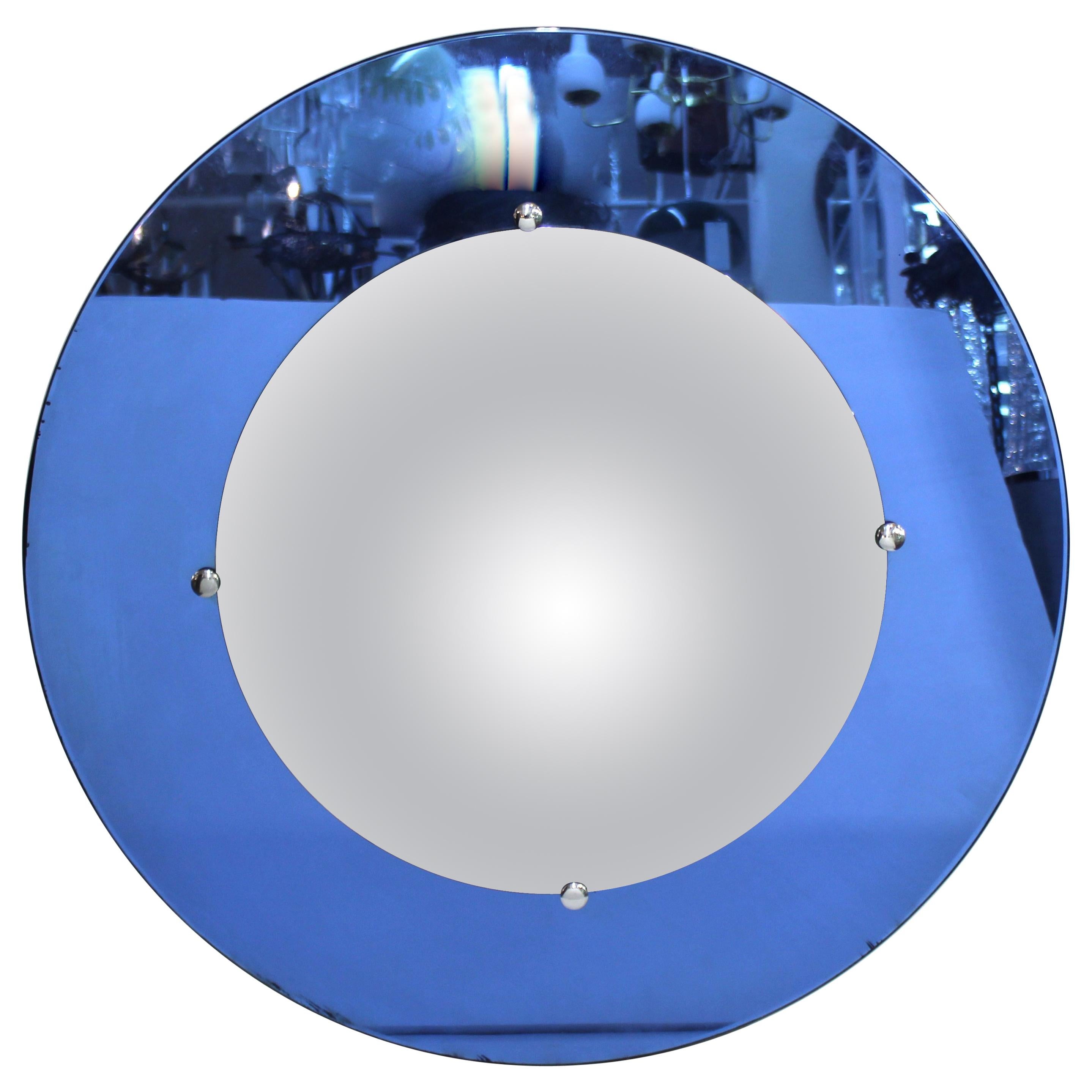 Art Deco Convex Circular Mirror with Blue Border