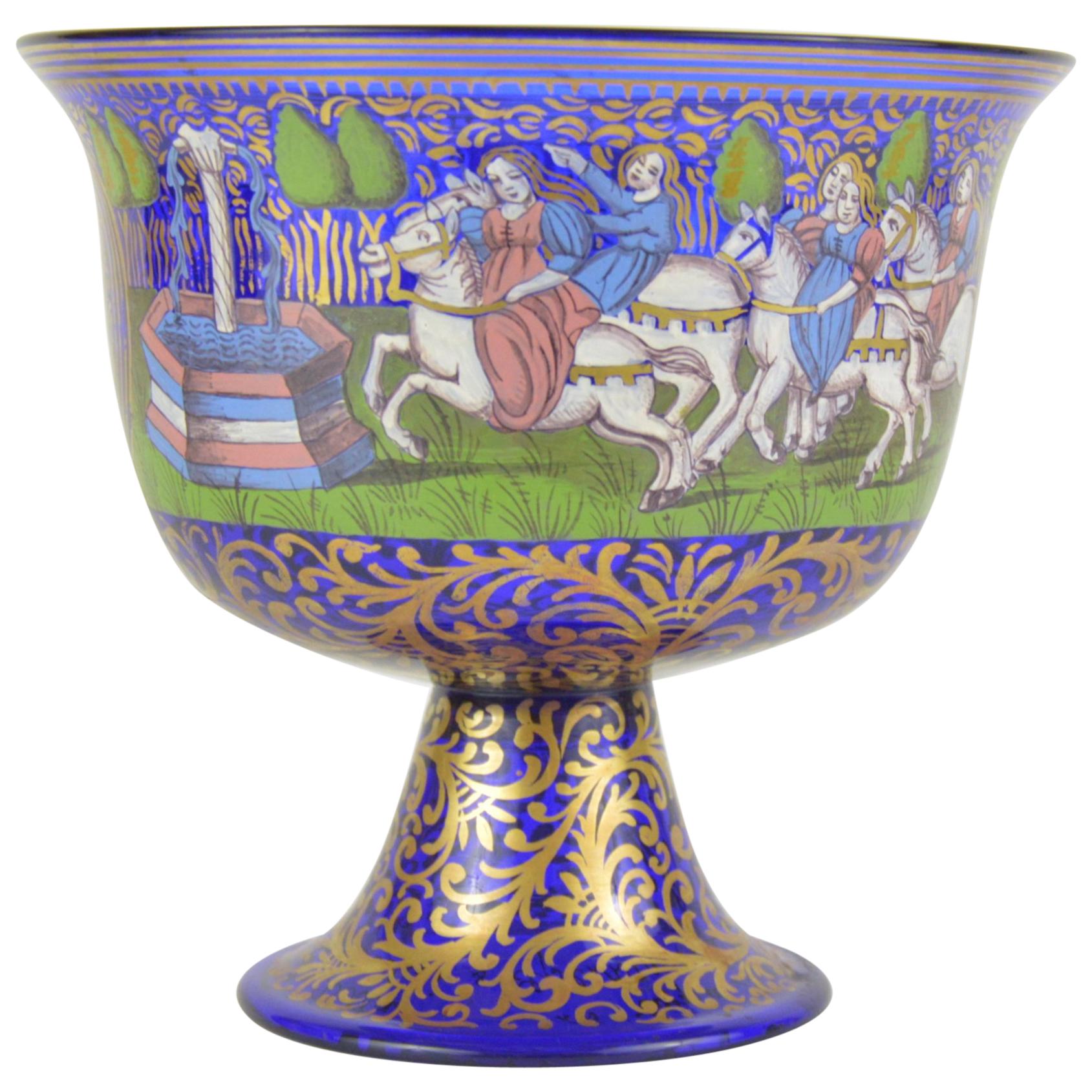 Wedding Murano Cobalt Glass Cup with Enamelled Decoration Albertini Spezzamonte For Sale