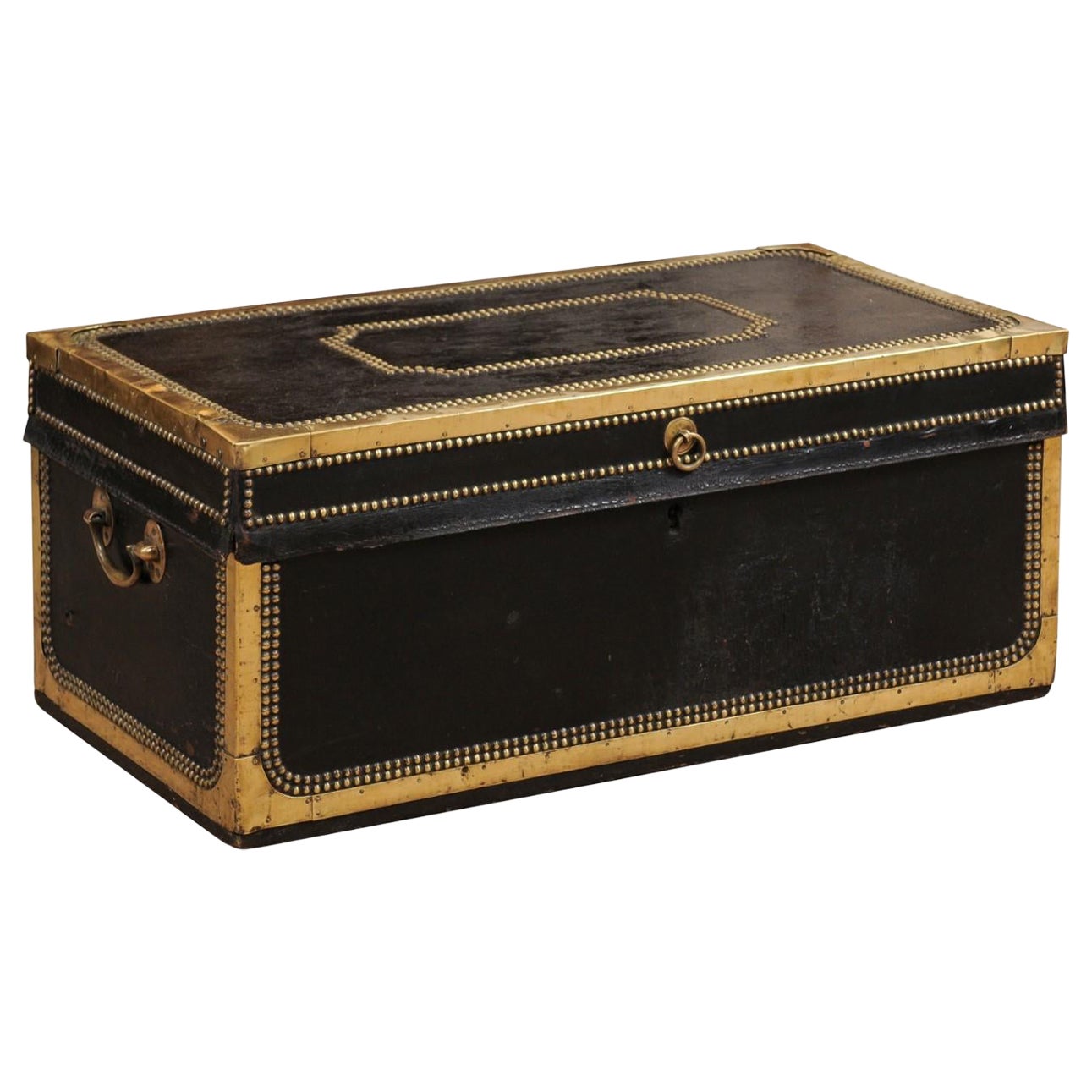 19th Century English Brass Studded Leather Trunk