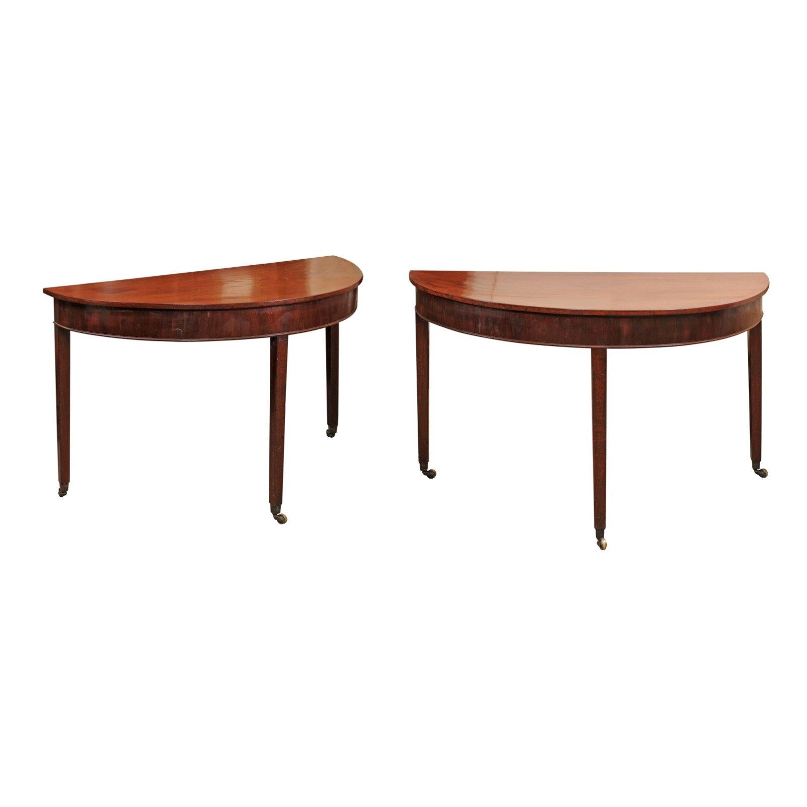 Pair of George III English Mahogany Demilune Console Tables, circa 1790