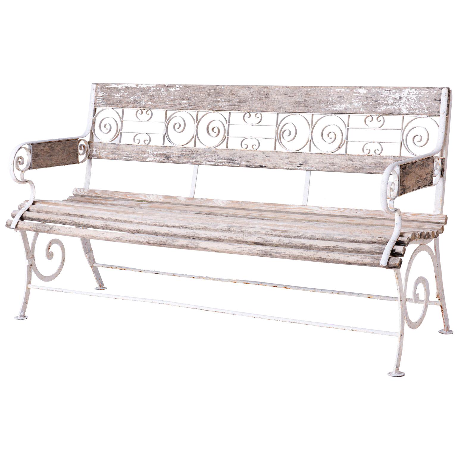 French Wood and Wrought Iron Garden Bench, circa 1900
