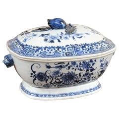 Antique Blue & White Covered Tureen with Greek Key Design & Tiger Head Handles 