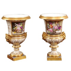 Antique Pair of 19th Century English Derby Urns with Flowers