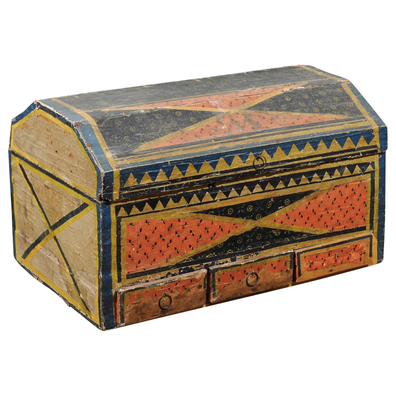 Continental 19th Century Decorated Painted Paper Lined Wooden Box