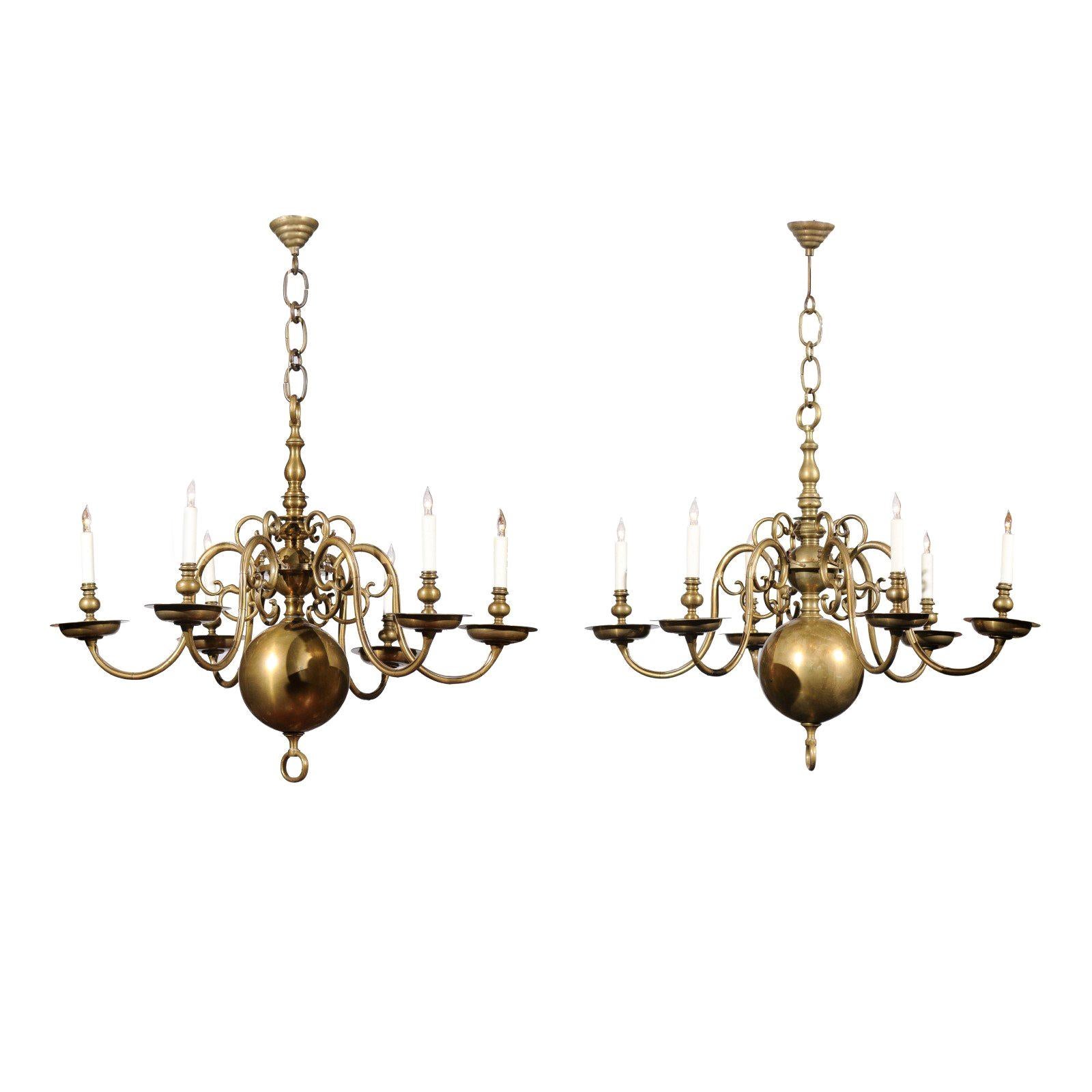 Pair of Dutch Colonial Brass Chandeliers