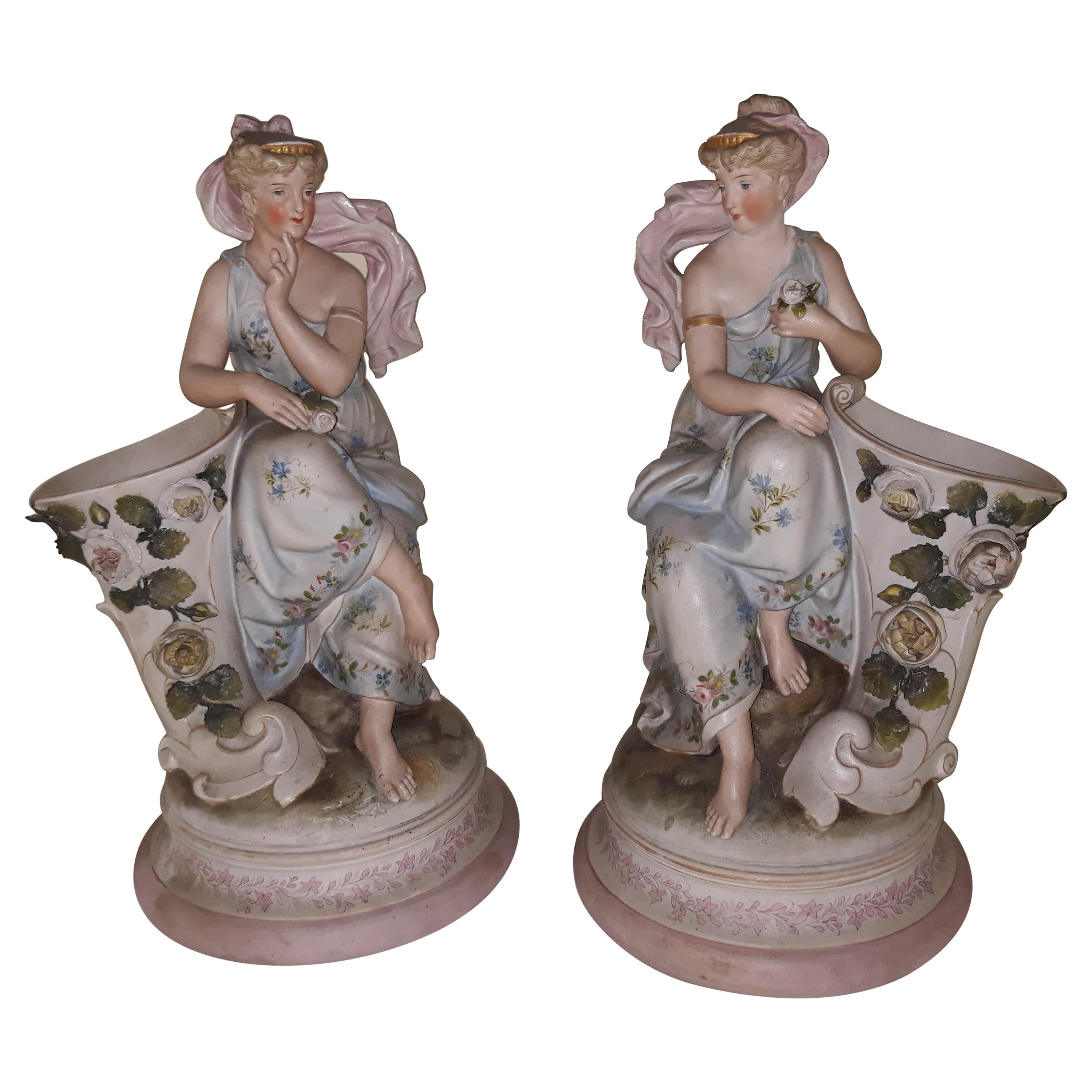 Pair of 19th Century Porcelain Biscuit, France, Vieux Paris Cornucopia Statue For Sale