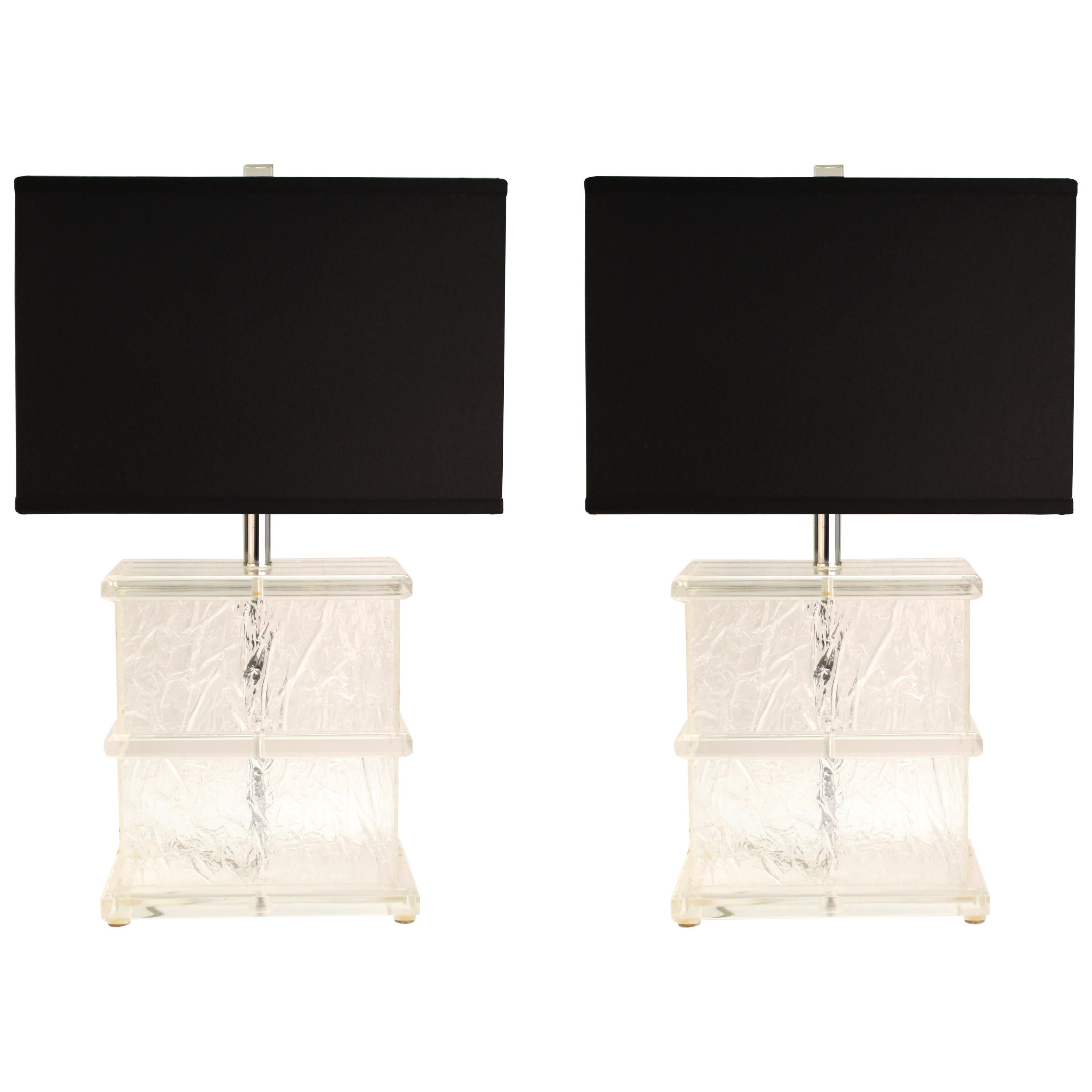 Mid-Century Modern Lucite Crackle Table Lamps with Black Shades