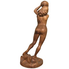 20th Century Art Deco Wooden Sculpture of Female Figure in a Swimming Suit
