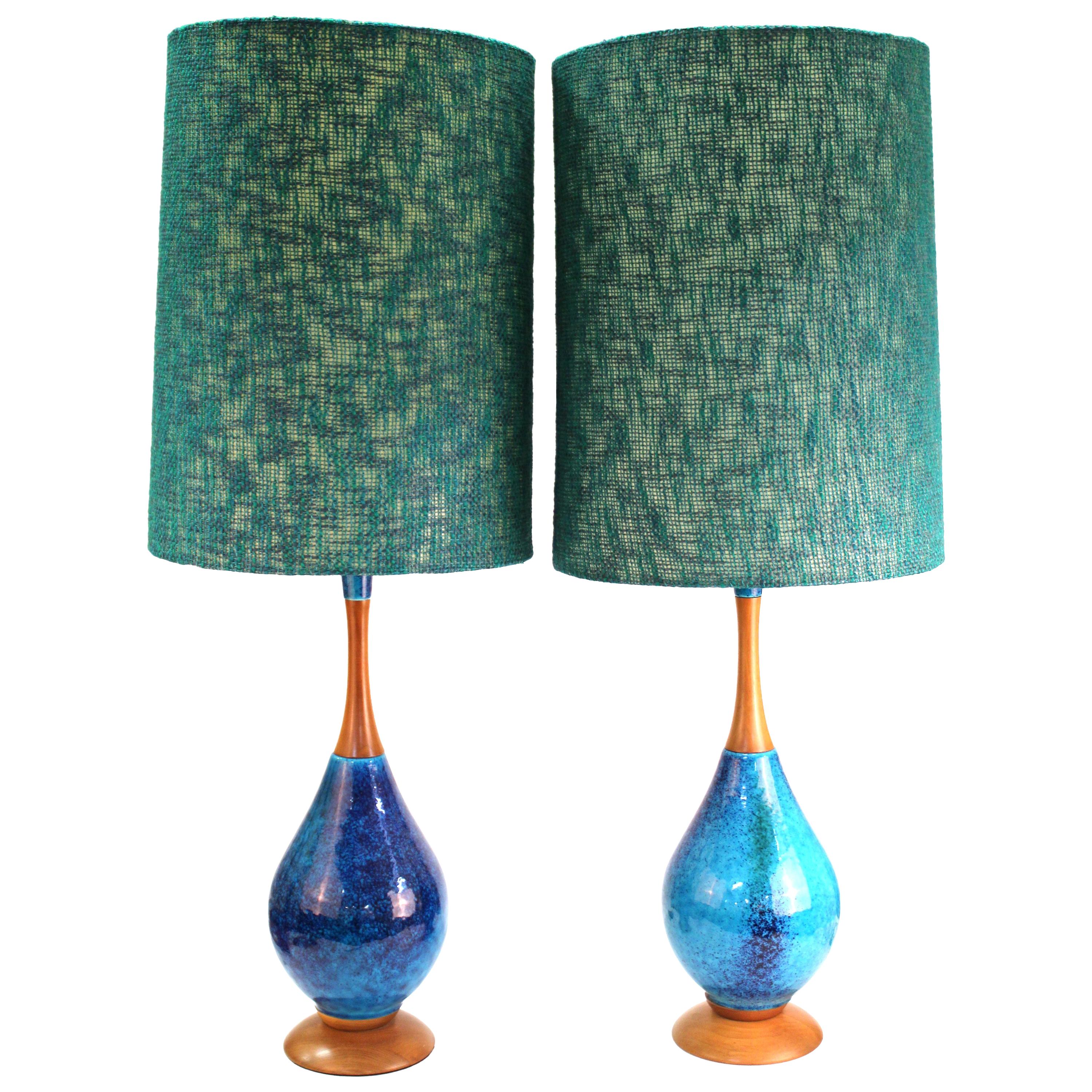 Mid-Century Modern Blue Ceramic and Teak Table Lamps with Fabric Shades