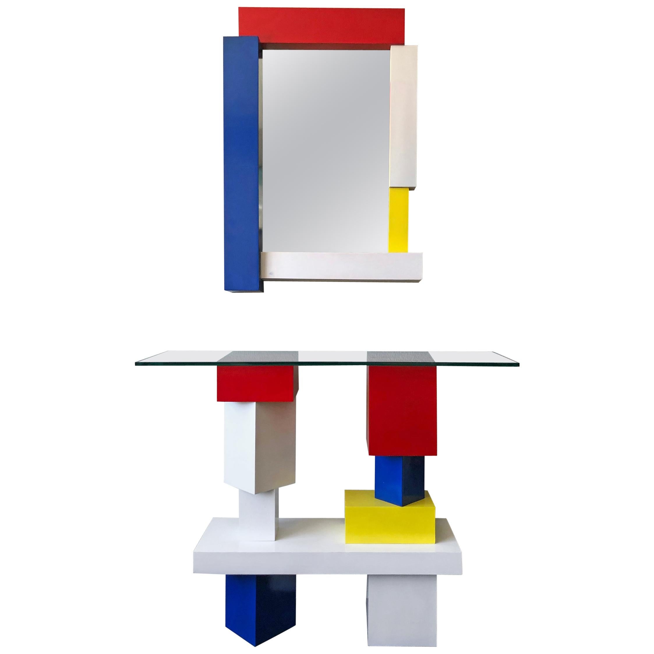 De Stijl Mondrian Style Console Table and Mirror, Signed, 1994