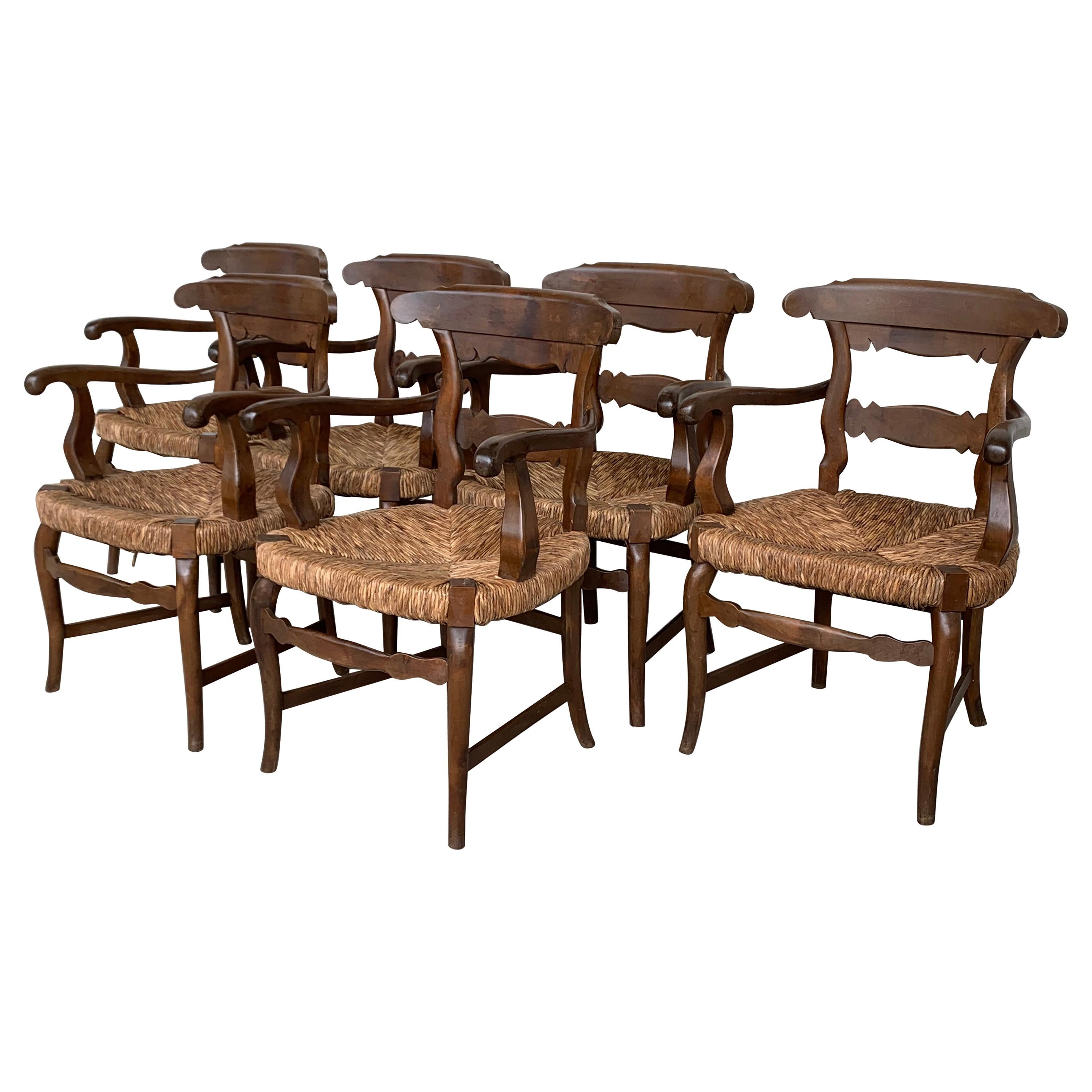 19th Century Set of Six Armchairs with Straw Seat