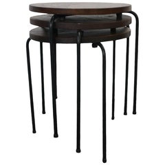 Midcentury Luther Conover Style Walnut Iron Stacking Stools Set of 3 Rare