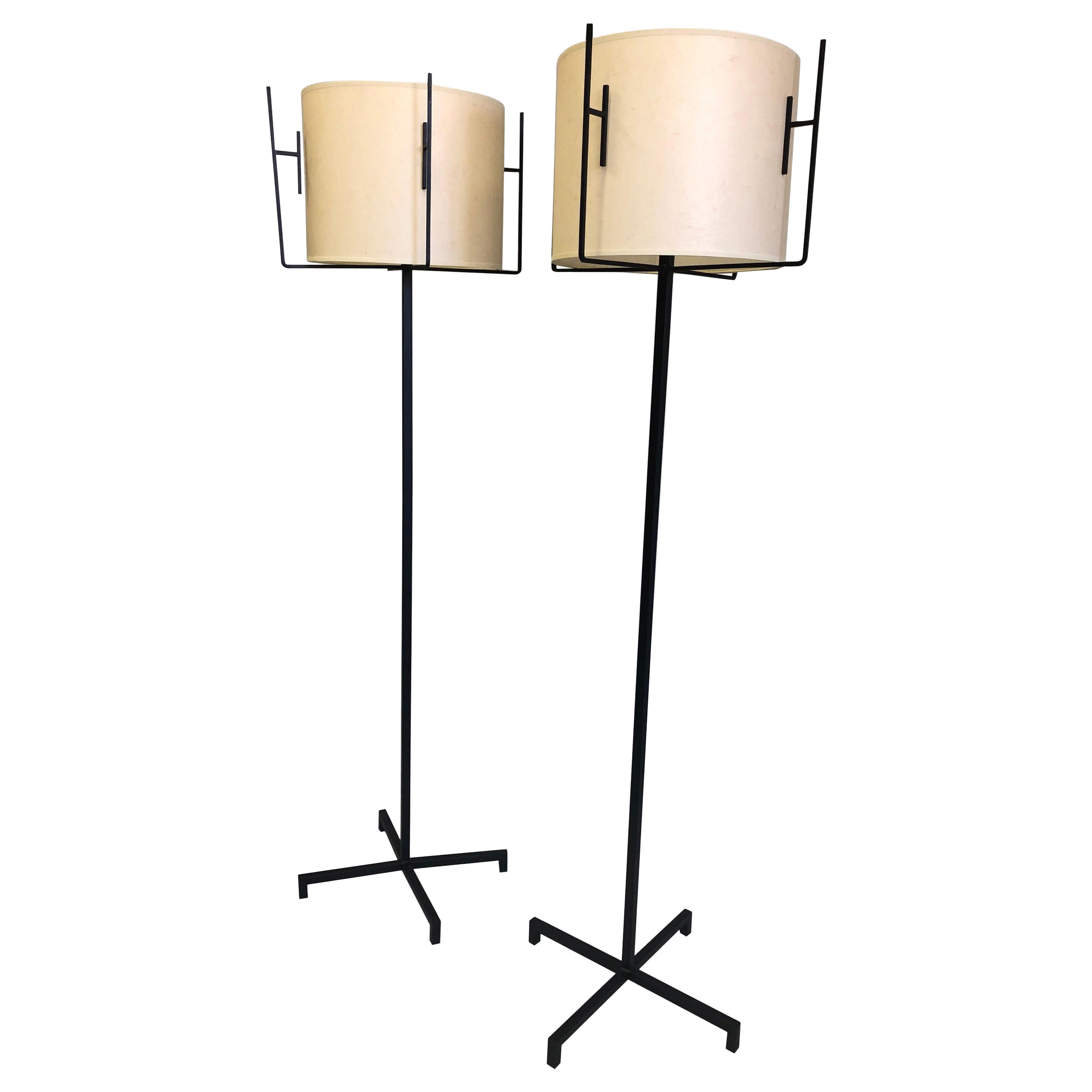 Pair of French Mid-Century Modern Iron & Parchment Floor Lamps by Jacques Adnet For Sale