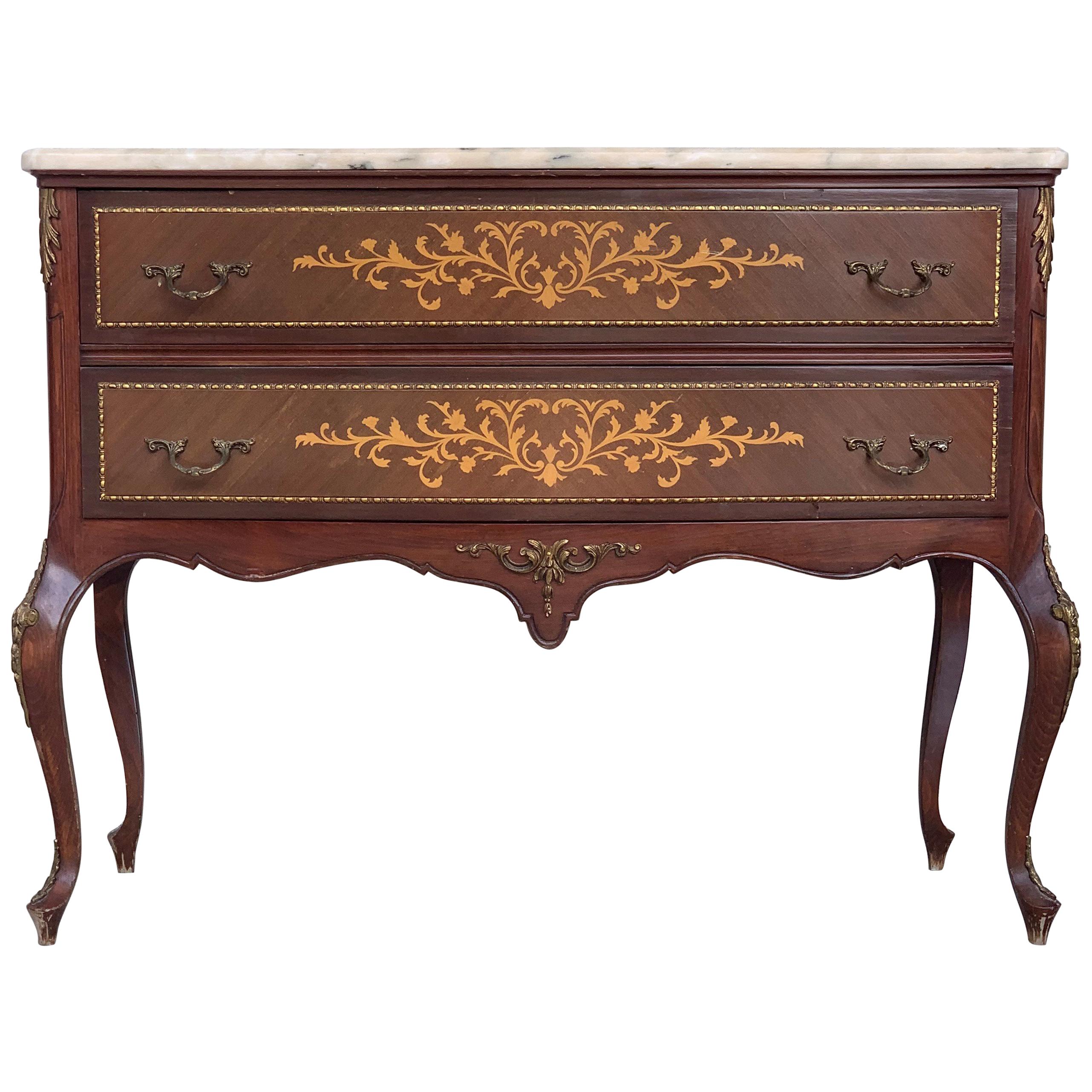 20th Century Marquetry Chest of Drawers with Bronze Details and Cream Marble Top