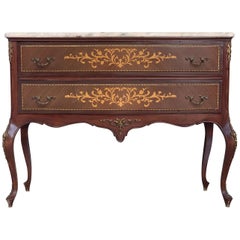 Vintage 20th Century Marquetry Chest of Drawers with Bronze Details and Cream Marble Top
