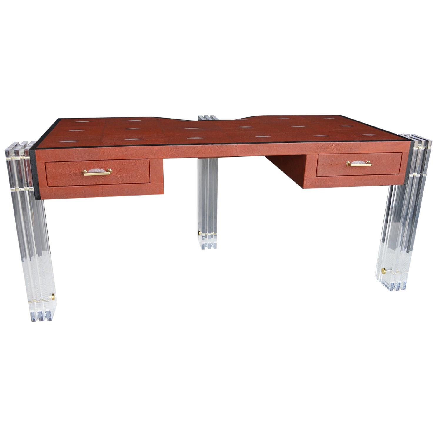 Red Shagreen and Lucite Desk