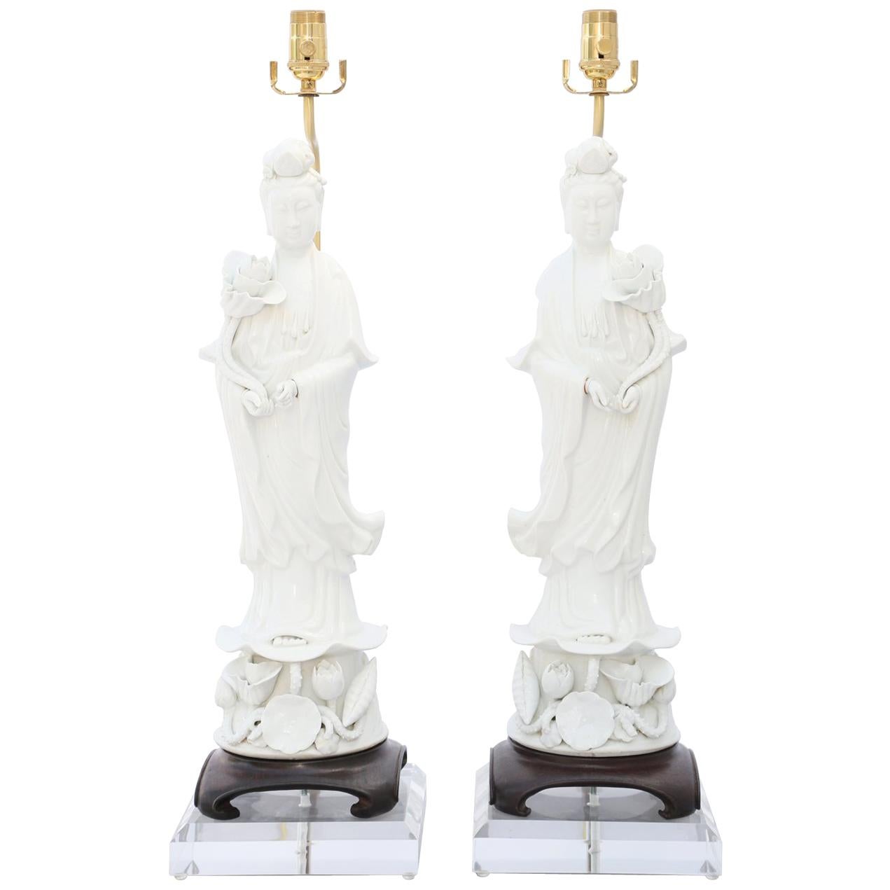 Monumental Pair of Blanc de Chine Kwan Yin Figural Lamps on Lucite Bases