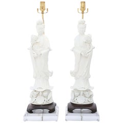 Antique Monumental Pair of Blanc de Chine Kwan Yin Figural Lamps on Lucite Bases