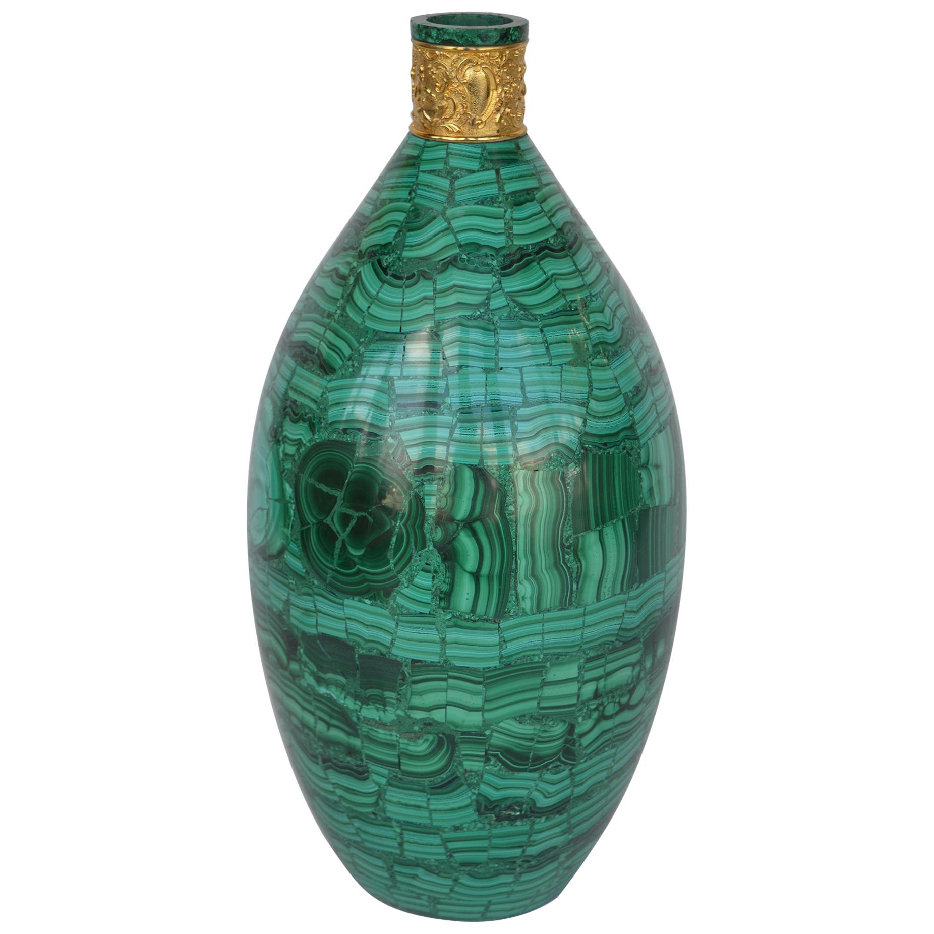 Malachite Vase with Bronze Accent For Sale