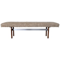 Midcentury Wood and Aluminum Bench with Woven Nubby Natural Tweed Fabric