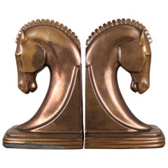 Antique Bronze & Copper Plated Machine Age Trojan Horse Bookends by Dodge, circa 1930s