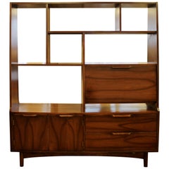 Vintage Mid-Century Modern Walnut Bookshelf Room Divider W Drop Down Desk, 1950s