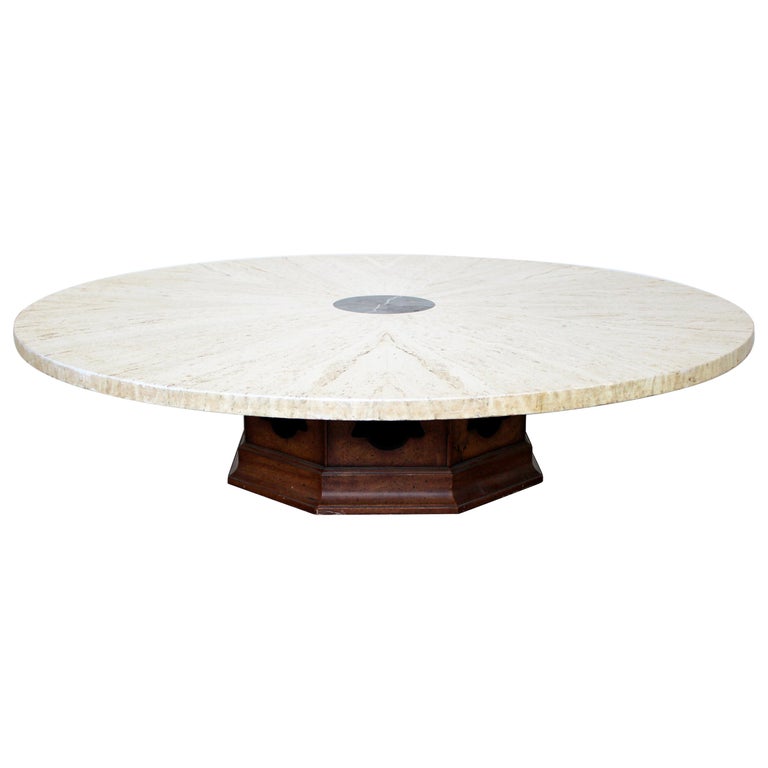 Mid Century Modern Massive Round Marble Walnut Coffee Table 1950s