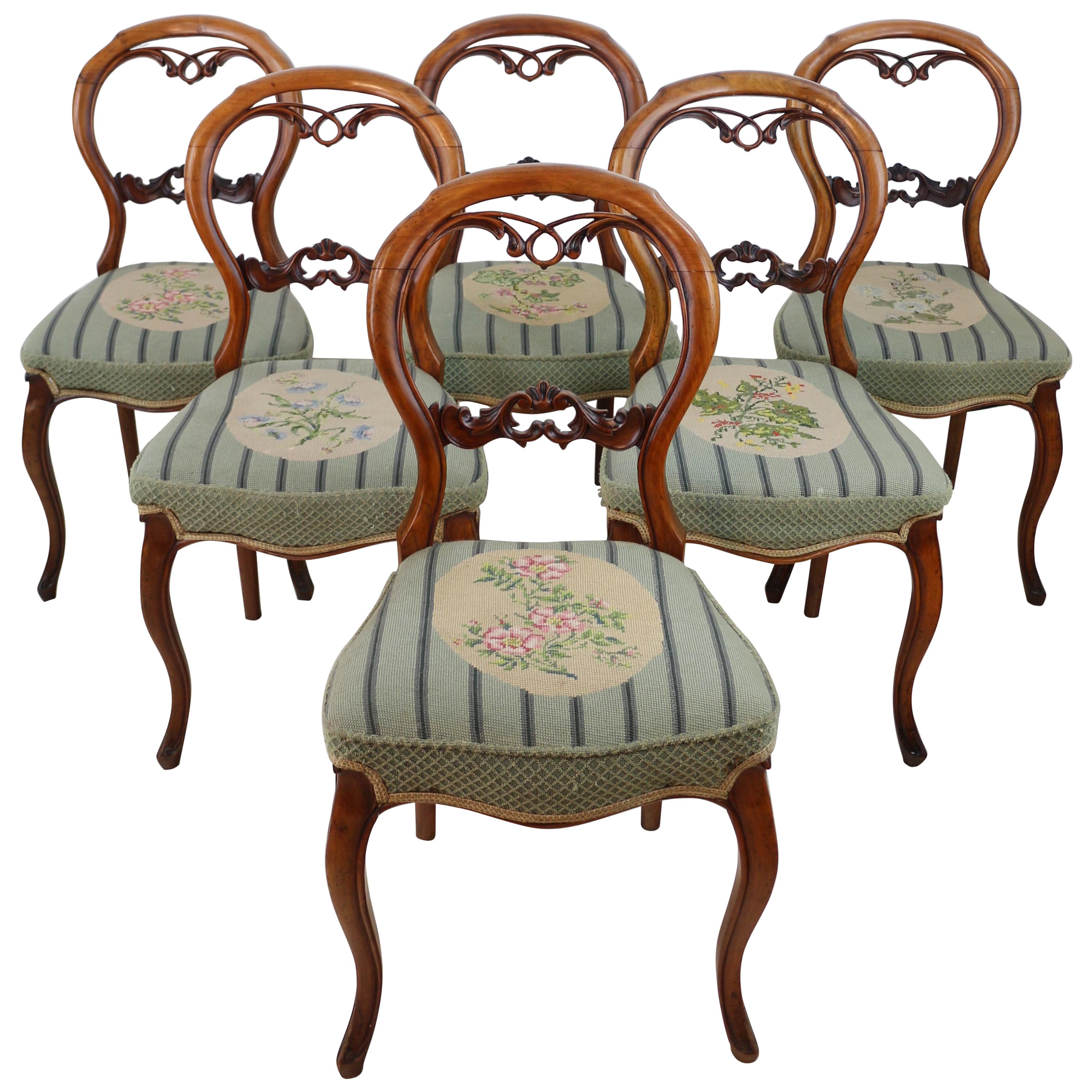 Set of 6 Antique English Victorian Walnut Balloon Back Dining Chairs, circa 1860