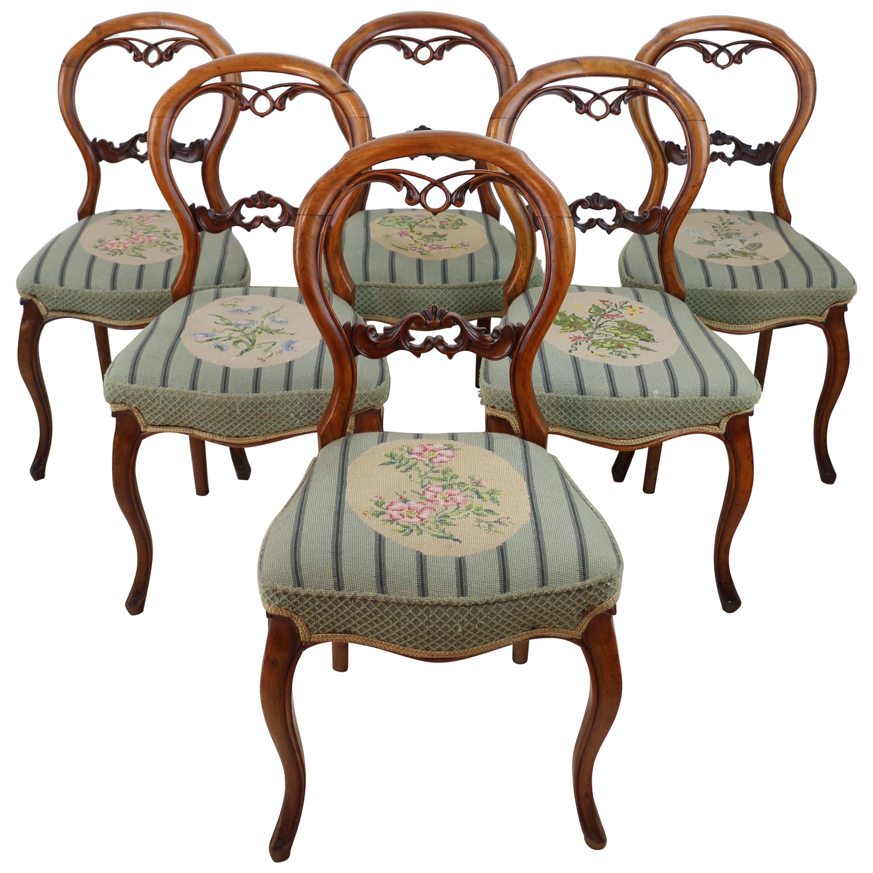 Set of 6 Antique English Victorian Walnut Balloon Back Dining Chairs