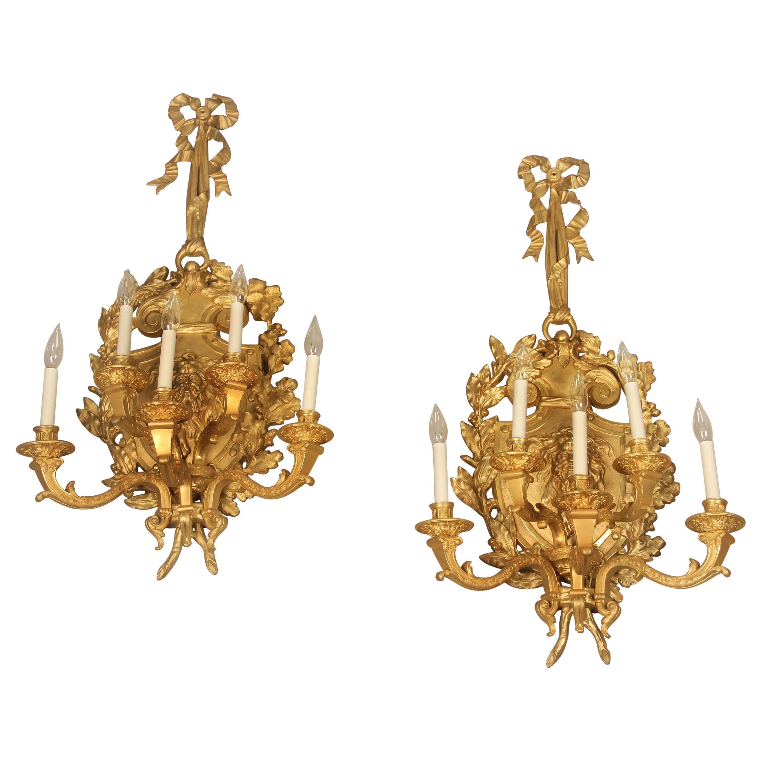 Large and Fine Pair of Late 19th Century Gilt Bronze 5-Light Sconces