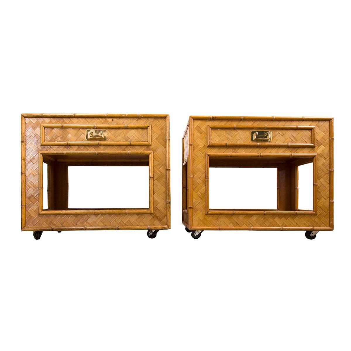 Pair of Woven Rattan Cabinets with Single Drawer, Bottom Shelf on Casters
