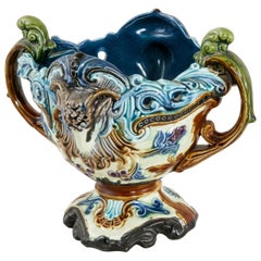 Late 19th Century French Majolica Cachepot or Planter with Ram's Heads
