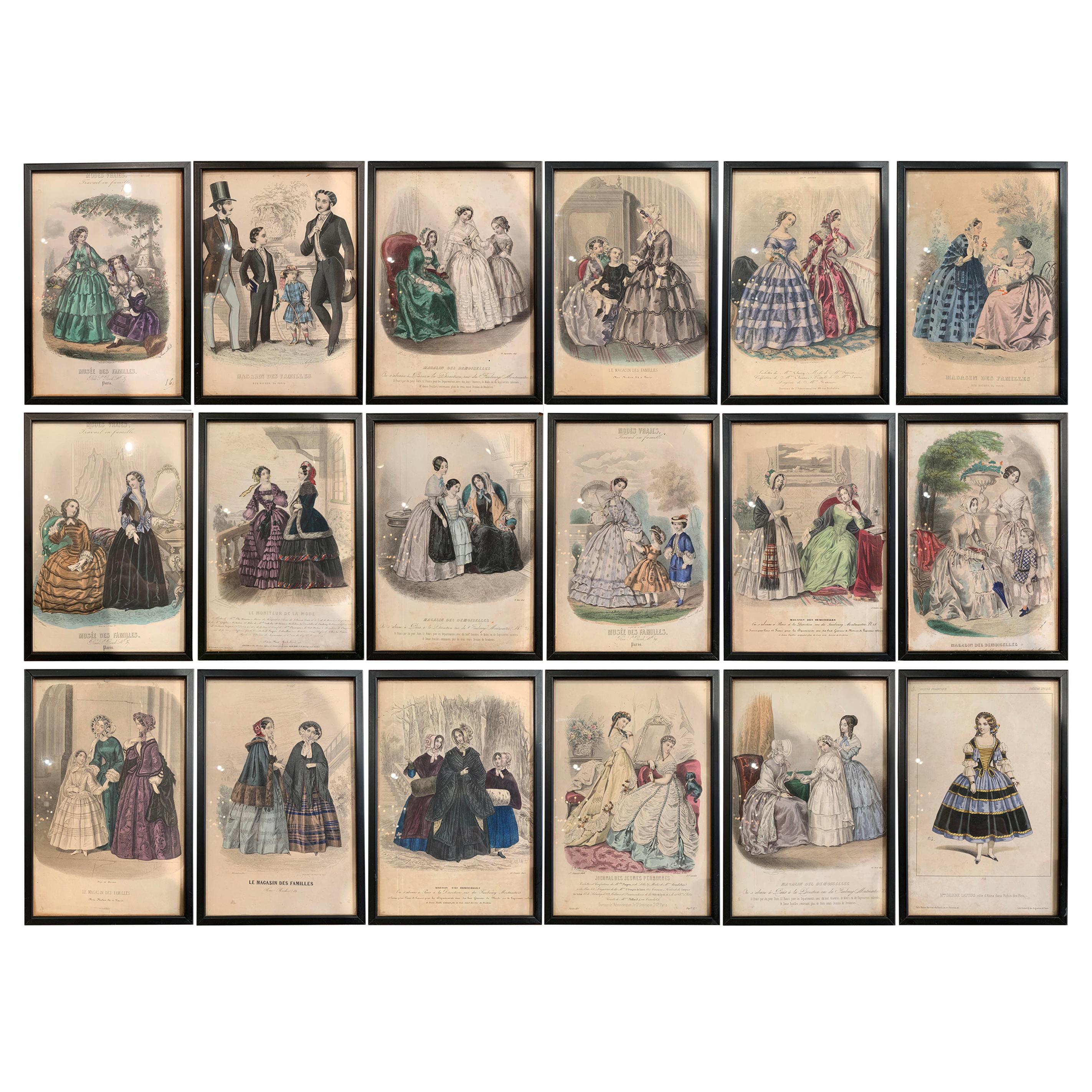 19th Century French Color Men & Women Fashion Prints Dated 1870- Set of Eighteen